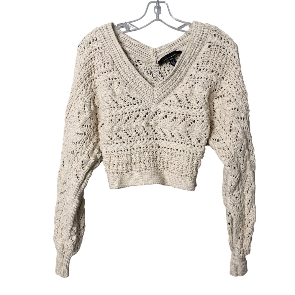 White House Black Market Cropped Sweater Womens XXS Cream Pointelle V Neck Airy